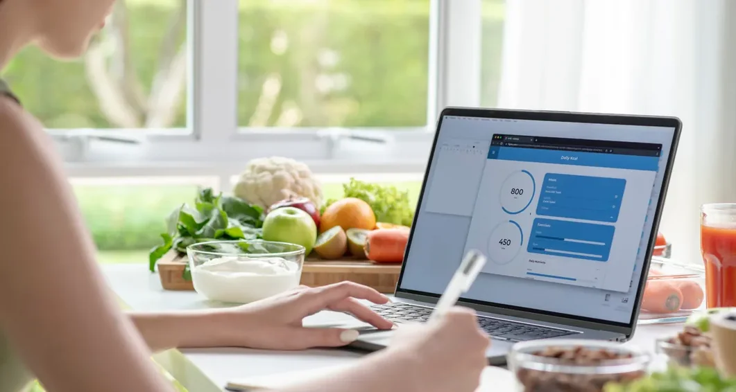 Pessoa consultando informações no notebook ao lado de frutas e legumes